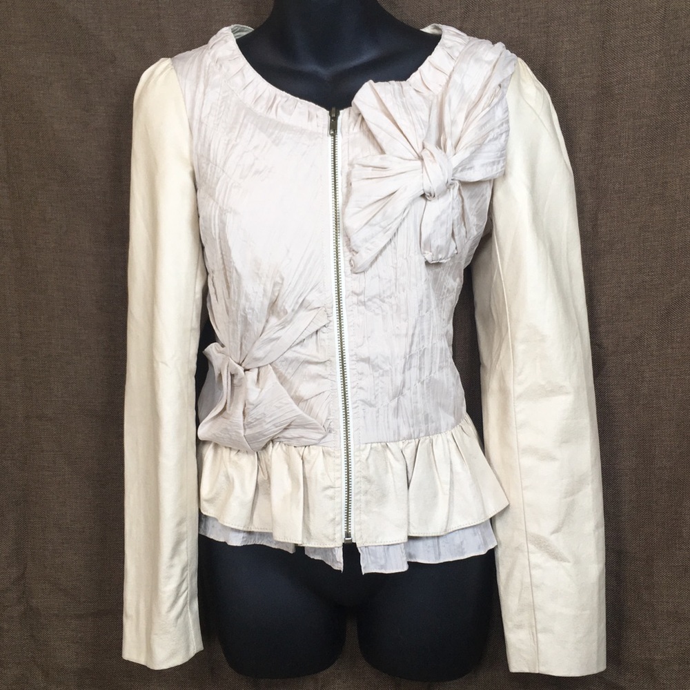 Ryu: cream peplum jacket w/crinkled  bows, size S